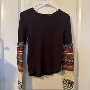 We The Free Brown Top with Multicolor Knit Sleeves